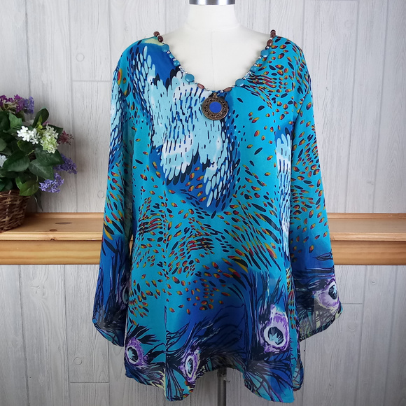 Metro 22 Tops - *Teal & Turquoise Peacock Feathers Tunic Blouse